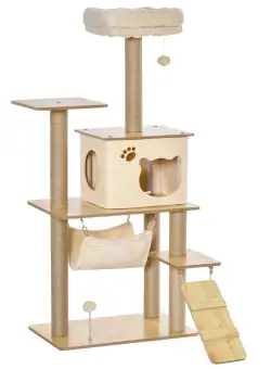 PawHut Ansamblu de Joaca pentru pisici Compac pisici de joaca si de zgariet, Lemn/Plush, 60 x 40 x 130 cm, Galben