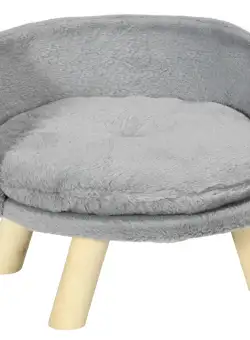 PawHut Canapea Rotundă pentru Câini din Țesătură de Pluș și Lemn cu Pernă Suplimentară din Bumbac, Ø40,5x33 cm, Gri | Aosom Romania