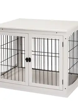 PawHut Casuta pentru Caini de Interior, Canisa pentru Animale din Lemn si Metal cu Usa Dubla, 58,5 x 81 x 66 cm, Alba | Aosom Romania