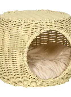 PawHut Casuta pentru pisici cu 2 niveluri din ratan PE, casuta pentru pisici cu perna lavabila, Ø40x30cm, bej | Aosom Romania