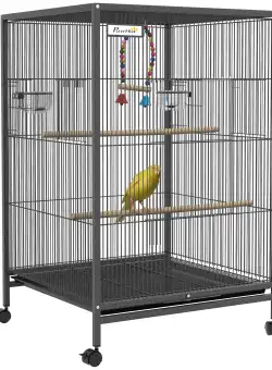 PawHut Colivie pentru Păsări cu Suport Rulant, Colivie cu Leagăn, Tavă Detașabilă, și Boluri din Oțel Inoxidabil, 48x46x74 cm, Gri | Aosom Romania