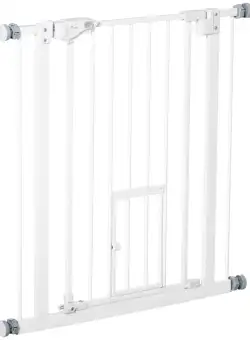 PawHut Poartă Reglabilă pentru Câini cu Ușă și Montare prin Presiune, Barieră cu Închidere Automată, 74-80x76.2 cm, Alb | Aosom Romania