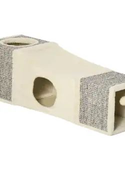 PawHut Tunel Pliabil pentru Pisici cu Căsuțe și Zgârâietori, Jucării cu Minge de Pluș și Sisal, 98x30x30 cm, Alb Crem | Aosom Romania