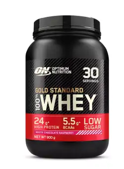 Proteine din zer 100% Whey Gold Standard aroma de ciocolata alba cu zmeura, 900g, Optimum Nutrition