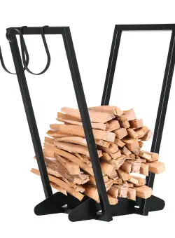 Raft pentru Lemne cu Carlige, pentru Exterior/Interior din Otel, cu Design Modern si Baza Inaltata, 45x32x58cm, Negru Outsunny | Aosom Romania