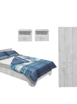 Set dormitor ALMA, 4 piese, pat 120x200 cm, dulap 2 usi, 2 noptiere, pin antichizat