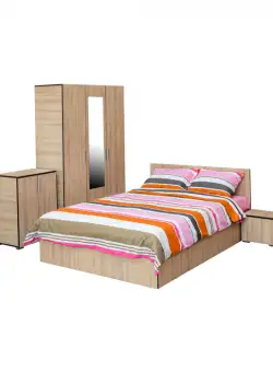 Set dormitor CORINNE, 5 piese, pat 140x200 cm, dulap 3 usi, 2 noptiere, comoda, sonoma deschis, cant sonoma inchis