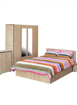 Set dormitor CORINNE, 5 piese, pat 160x200 cm, dulap 4 usi, 2 noptiere, comoda, sonoma deschis, cant sonoma inchis