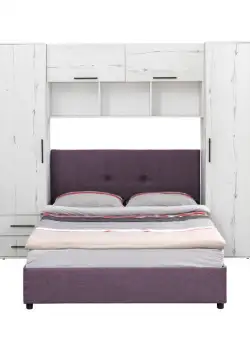 Set dormitor tineret YASMIN M1, 3 corpuri, alb Elvetia, 238x50x200 cm + Pat tapitat ECONO I, mov deschis, 140x200 cm