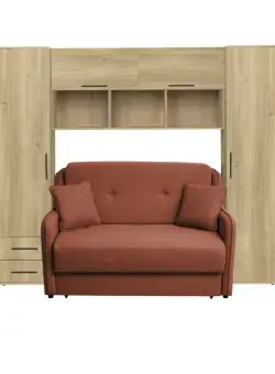 Set dormitor tineret YASMIN M1, 3 corpuri, stejar Belfast, 238x50x200 cm + Canapea GALA extensibila, 2 locuri, caramiziu, 143x98x98 cm