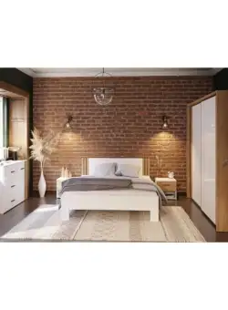 Set Dormitor Winterplay, Pat Cu dimensiunea Saltea 160 x 200 Cm, Dulap Si 2 Noptiere, Stejar Riviera Cu Alb Super Lucios