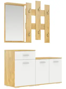 Set pentru Intrare 3 in 1 cu Cuier de Perete HOMCOM, Oglinda si Suport pentru Pantofi cu Banca din Lemn, Culoare Lemn natur si Alb | Aosom Romania
