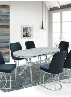 Set TIMARA, masa cu 6 scaune, ovala, 6 persoane, marmura bermuda + argintiu + gri, 160x80 cm