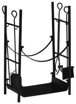 Suport pentru Lemne de Interior si de Exterior din Metal cu Lopata, Matrua, Vatrai si Cleste, Negru, max 70 kg de Lemne Outsunny | Aosom Romania