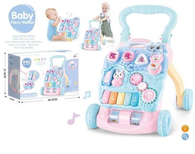 Antepremergator pentru copii MalPlay, cu panou educational detasabil, dimensiune 47 x 42 x 45 cm, Pink-Blue Bunny