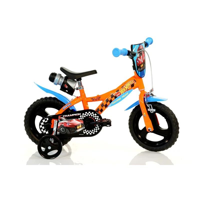 Bicicleta cu pedale, Dino Bikes, Hot Wheels, Cu roti ajutatoare, Suport cu sticla de apa, 12 inch, Pana la 110 cm, Multicolor