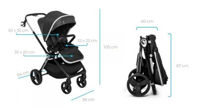 Carucior reversibil pentru copii, cu pliere compacta spatar si viziera reglabile Kidnort Isbjorn Black pana la 22 kg, roti cu suspensii, accesorii incluse, suport pentru pahar