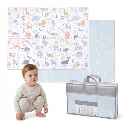 Covoras de joaca, Primabobo, Cu doua fete, Pliabil, Protectie impotriva loviturilor, 120x180 cm, 0 luni+, Animalute, Albastru