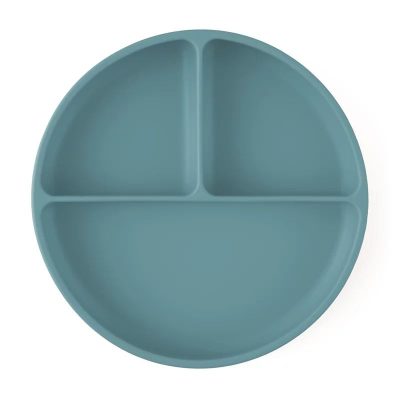 Farfurie compartimentata, Petite&Mars, Take&Match, Din silicon, Rotunda, Cu ventuza si 3 compartimente, Adecvata pentru masina de spalat vase si microunde, Nu absoarbe mirosuri, Fara BPA, 500 ml, 6 luni+, Frosted Sky, Albastru