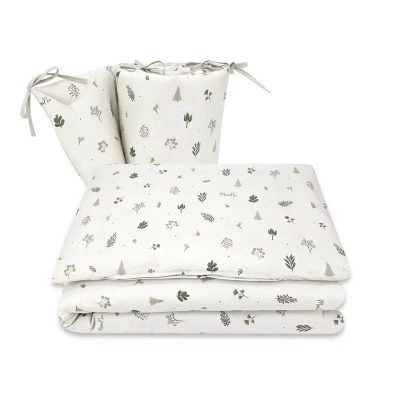 Lenjerie patut 3 piese, MimiNu, Pentru patut 120x60 cm, Cu protectie laterala, Din bumbac certificat Oeko Tex Standard 100, Leaves