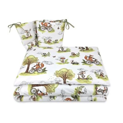 Lenjerie patut 3 piese, Qmini, Pentru patut 120x60 cm, Cu protectie laterala, Din bumbac certificat Oeko Tex Standard 100, Fox on bikes Natural