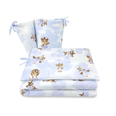 Lenjerie patut 3 piese, Qmini, Pentru patut 120x60 cm, Cu protectie laterala, Din bumbac certificat Oeko Tex Standard 100, Sky Adventure