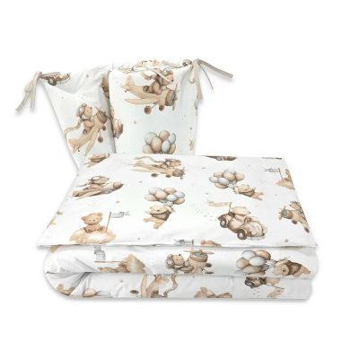 Lenjerie patut 3 piese, Qmini, Pentru patut 120x60 cm, Cu protectie laterala, Din bumbac certificat Oeko Tex Standard 100, Teddy Explorer Beige