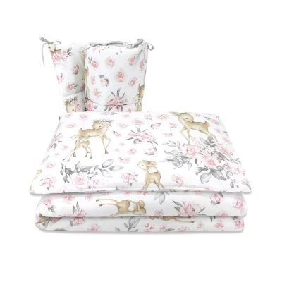 Lenjerie patut cu 3 piese, MimiNu, Pentru patut 120x60 cm, Cu protectie laterala, Din bumbac certificat Oeko Tex Standard 100, Sweet Deer Pink