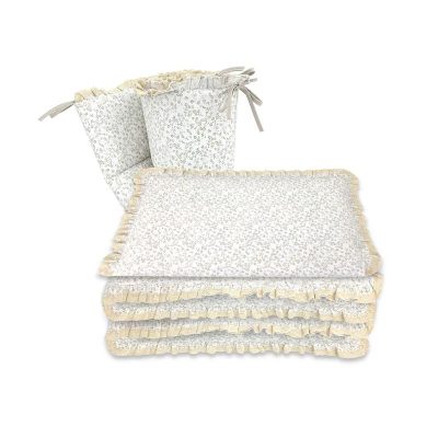 Lenjerie patut cu 3 piese, MimiNu, Premium, Pentru patut 120x60 cm, Cu protectie laterala, Din bumbac certificat Oeko Tex Standard 100, Cu dantela si volan, Meadow