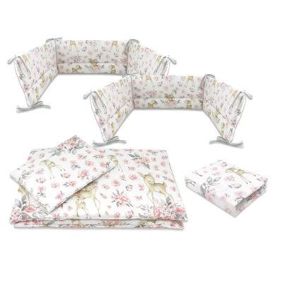 Lenjerie patut cu 5 piese, MimiNu, Cu cearceaf 120x60 cm, Pilota, Pernuta, 2 aparatori, Din bumbac certificat Oeko Tex Standard 100, Sweet Deer Pink