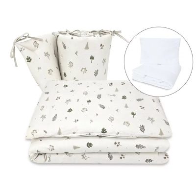 Lenjerie patut cu 5 piese, MimiNu, Pentru patut 120x60 cm, Cu pilota si perna, Din bumbac certificat Oeko Tex Standard 100, Leaves