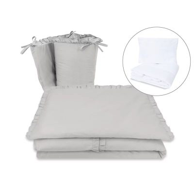 Lenjerie patut cu 5 piese, MimiNu, Pentru patut 120x60 cm, Cu volanase, Cu pilota si perna, Din bumbac certificat Oeko Tex Standard 100, Colectia Royal, Grey