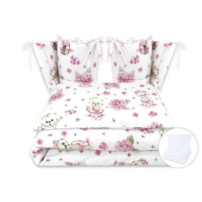 Lenjerie patut cu 6 piese, MimiNu, Pentru patut 120x60 cm, Cu pilota si perna, Cu doua aparatori laterale, Din bumbac certificat Oeko Tex Standard 100, Design, Pink Ballerina
