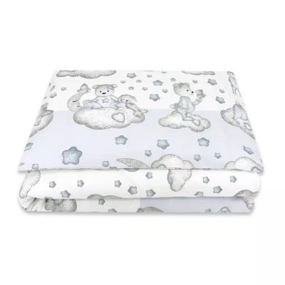 Lenjerie patut junior cu 2 piese, Qmini, Din bumbac certificat Oeko Tex Standard 100, 140 x 200 cm, Teddy Bear with Blue Heart