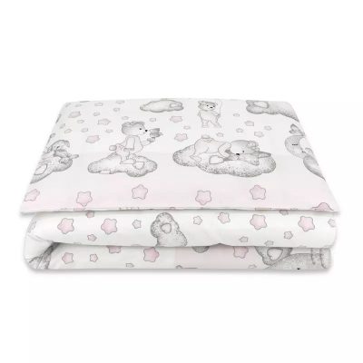 Lenjerie patut junior cu 2 piese, Qmini, Din bumbac certificat Oeko Tex Standard 100, 140 x 200 cm, Teddy Bear with Pink Heart