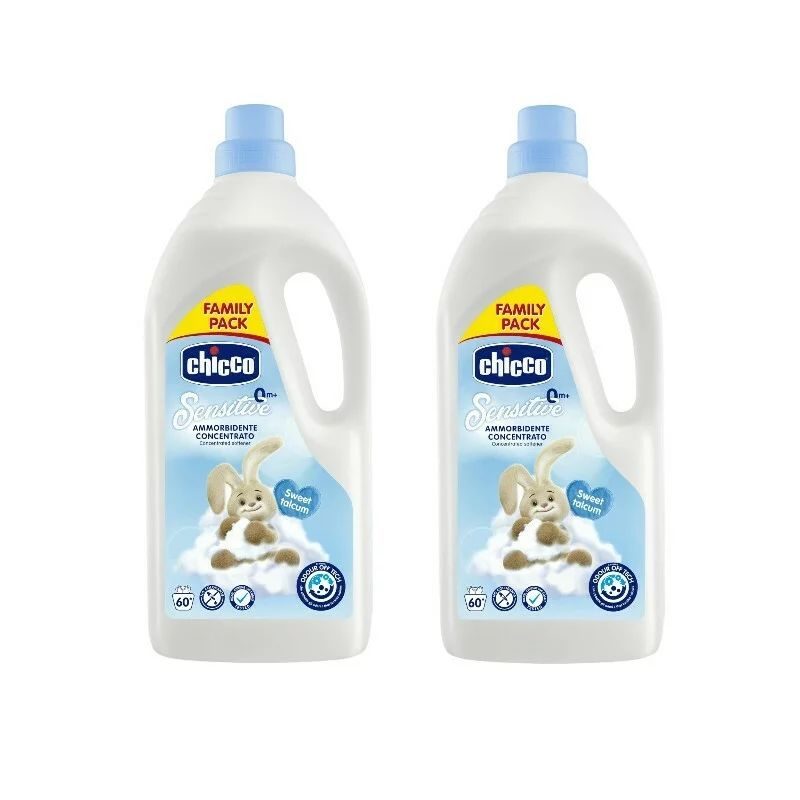 Pachet 2x balsam concentrat pentru haine, Chicco, fara coloranti si substante nocive, testat dermatologic, 60 de spalari, Sweet Talcum, 0 luni+, 1.5L