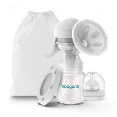 Pompa de san manuala, BabyOno, Cu biberon de 150 ml si tetina 0 luni+, Cu saculet pentru depozitare, Fara BPA, Mod silentios, Alb