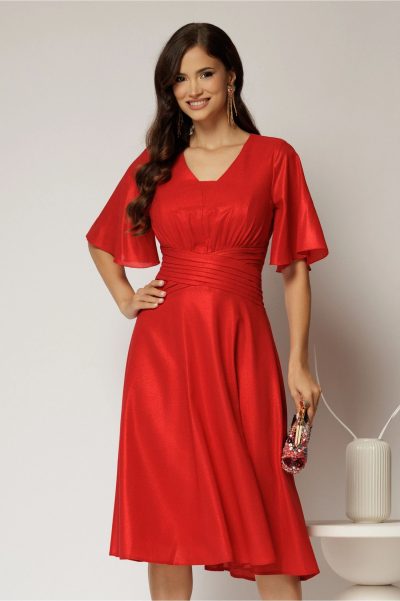Rochie midi rosie de ocazie din voal cu sidef si decolteu in V