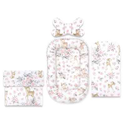 Set 4 in 1 Cosulet bebelus, MimiNu, Baby Cocoon 75x55 cm, Husa bumbac, Din bumbac certificat Oeko Tex Standard 100, Cu paturica 50x70 cm, Cu salteluta, Cu perna fluture, Sweet Deer Pink