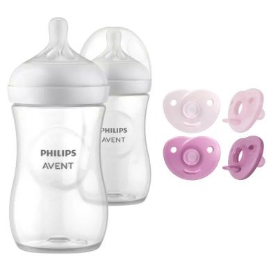 Set ingrijire Philips Avent: Biberon anticolici, Natural Response, 260 ml, 3-6 luni, Debit 3 (mediu), 2 buc + Suzete Soothie, 2 buc, 0-6 luni, Din silicon, Roz