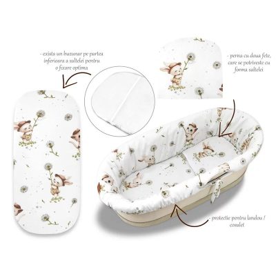 Set pentru landou/cosulet, MimiNu, Cu protectie, saltea si pernuta, Din bumbac certificat Oeko Tex Standard 100, Cats