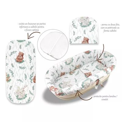 Set pentru landou/cosulet, MimiNu, Cu protectie, saltea si pernuta, Din bumbac certificat Oeko Tex Standard 100, Lulu Natural
