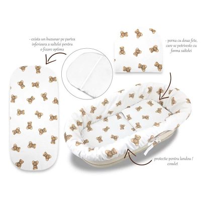 Set pentru landou/cosulet, Qmini, Cu protectie, saltea si pernuta, Din bumbac certificat Oeko Tex Standard 100, Teddy Toys