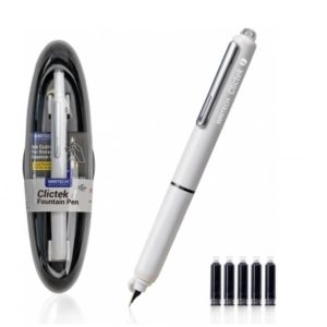Stilou retractabil Writech corp alb cu cutie cadou si 5 patroane cerneala albastre