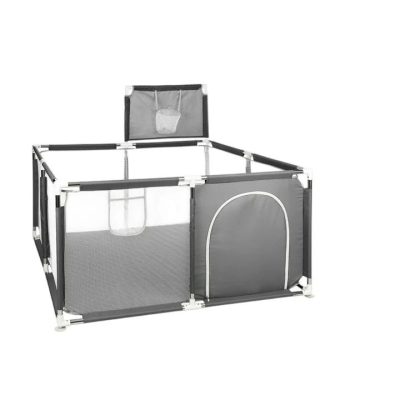 Tarc de joaca copii, Primabobo, 126 x 126 cm, Pliere compacta, Include cos de baschet, Din plasa, Cu intrare laterale si fermoar, Cu ventuze pentru stabilitate, Gri